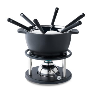fondue pot which includes fondue forks, a fondue stove and a gas burner