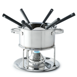 Stainless steel fondue caquelon with fondue forks, rechaud and gas burner