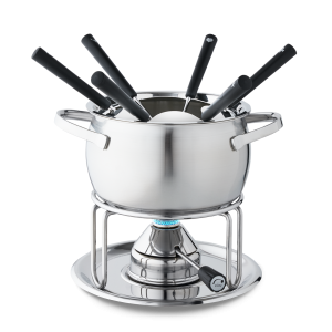 Stainless steel fondue caquelon with fondue forks, rechaud and gas burner